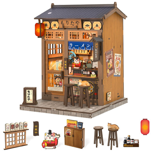 Fsolis Japanese Book Nook Kit with wooden pieces for a ramen shop diorama.