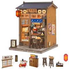 Fsolis Japanese Book Nook Kit with wooden pieces for a ramen shop diorama.