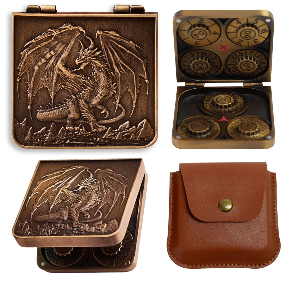 FSOUEHY DND pocket flip dice set with dragon-carved iron box for portable tabletop sessions.
