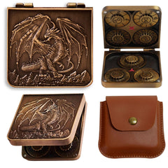 FSOUEHY DND pocket flip dice set with dragon-carved iron box for portable tabletop sessions.