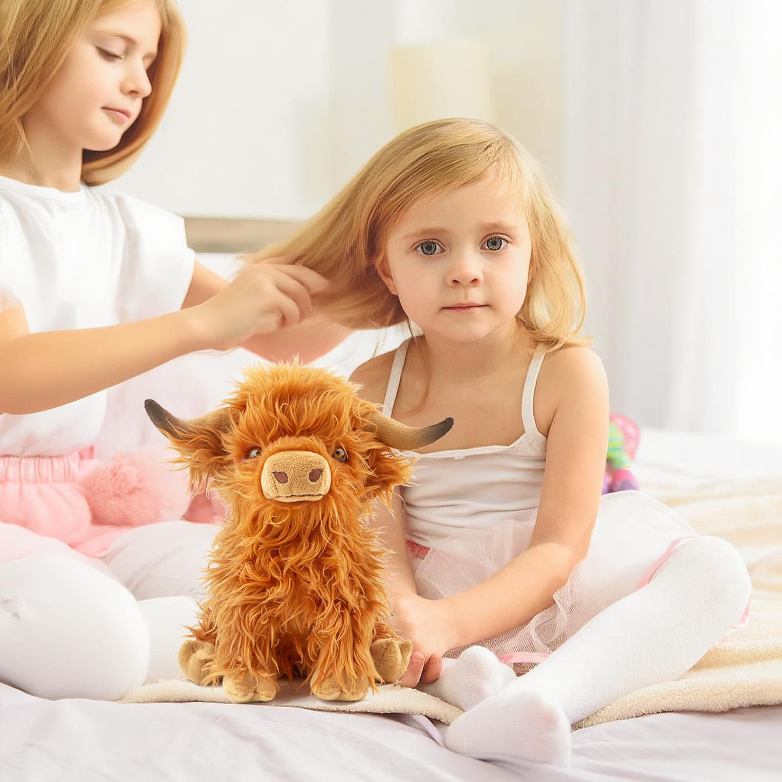 FSUGT Highland Cow plush fur texture close-up highlights soft, plush feel.