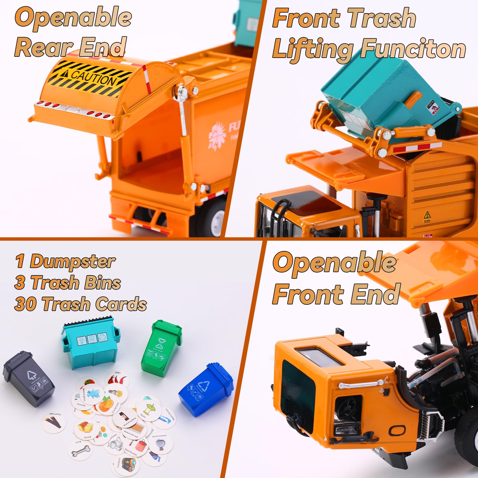 FUBARBAR garbage truck toy showing open doors for interactive pretend play.