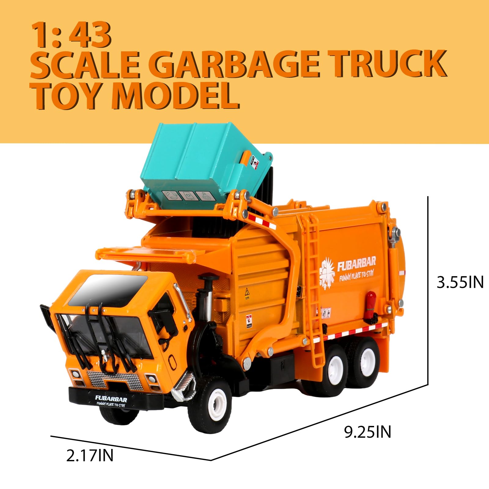 FUBARBAR 1:43 scale garbage truck highlights accurate proportions for display.