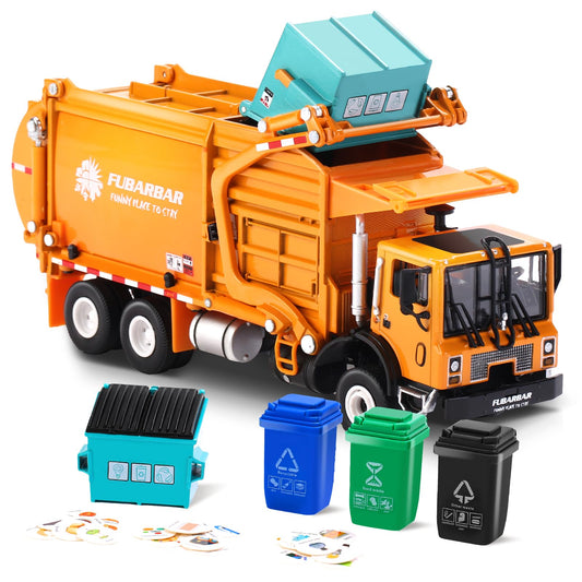 FUBARBAR metal garbage truck toy model in orange with durable diecast finish for play and display.
