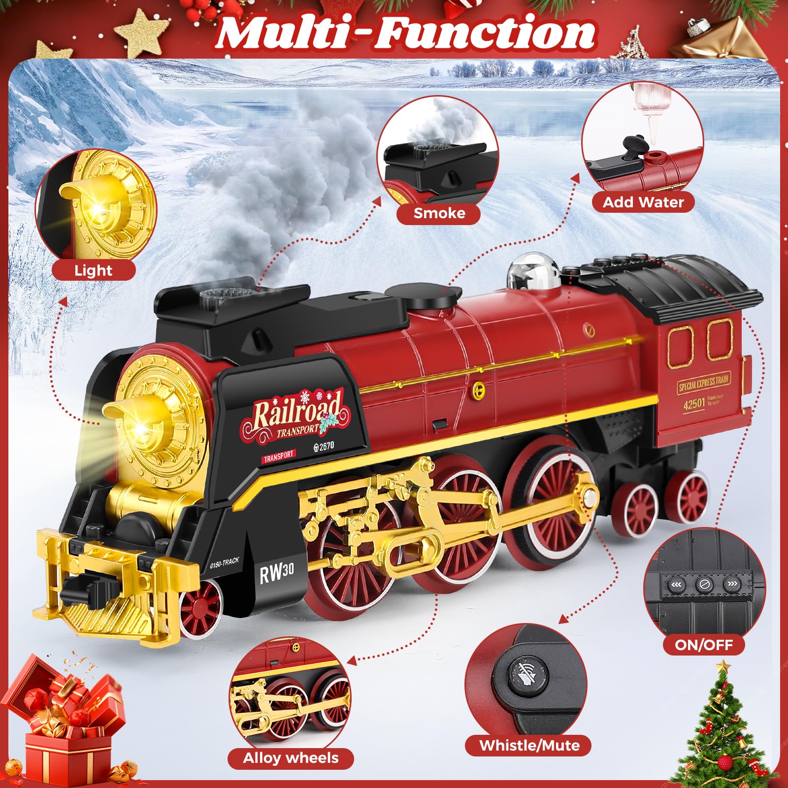 FuBegi steam locomotive with glowing passenger carriage enhances festive nighttime viewing.