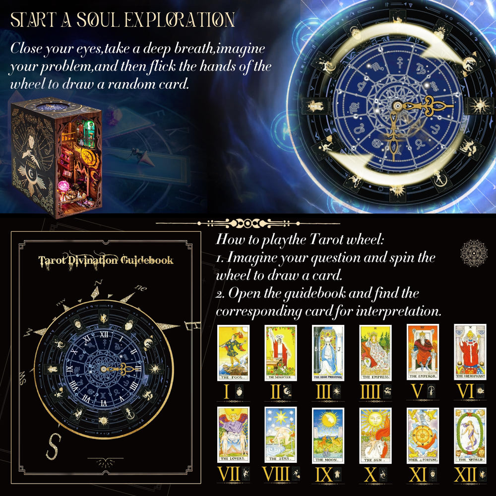 Fuiltee Tarot book nook glows softly with LED light for cozy ambiance.