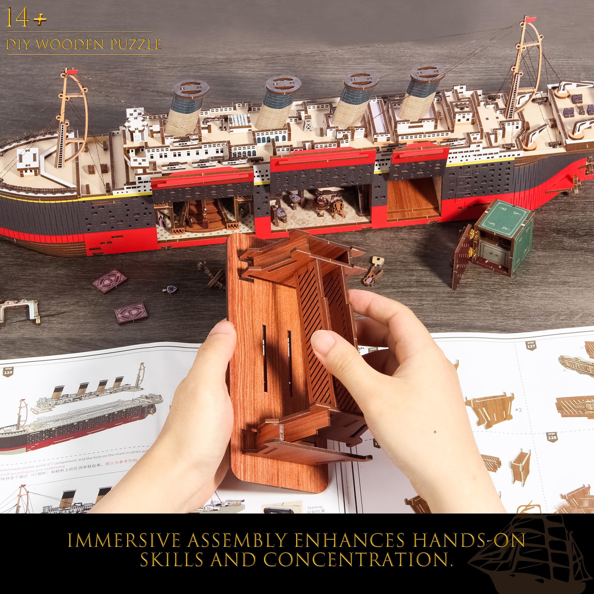 Fuiltee Titanic 3D puzzle natural wood parts ensure durable display.
