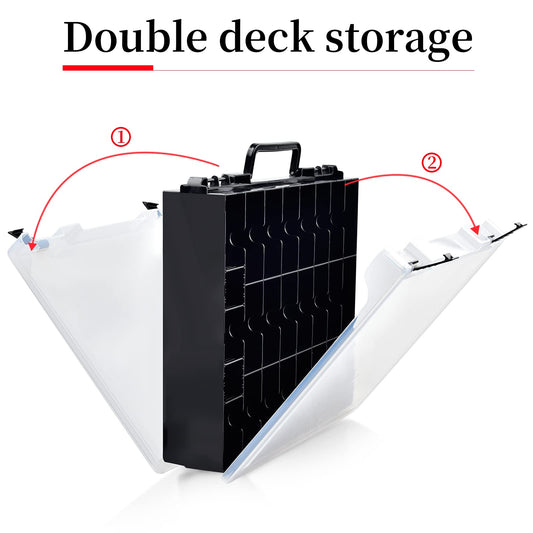 FULLCASE double-sided carrying box with 48 compartments for compact toy storage.