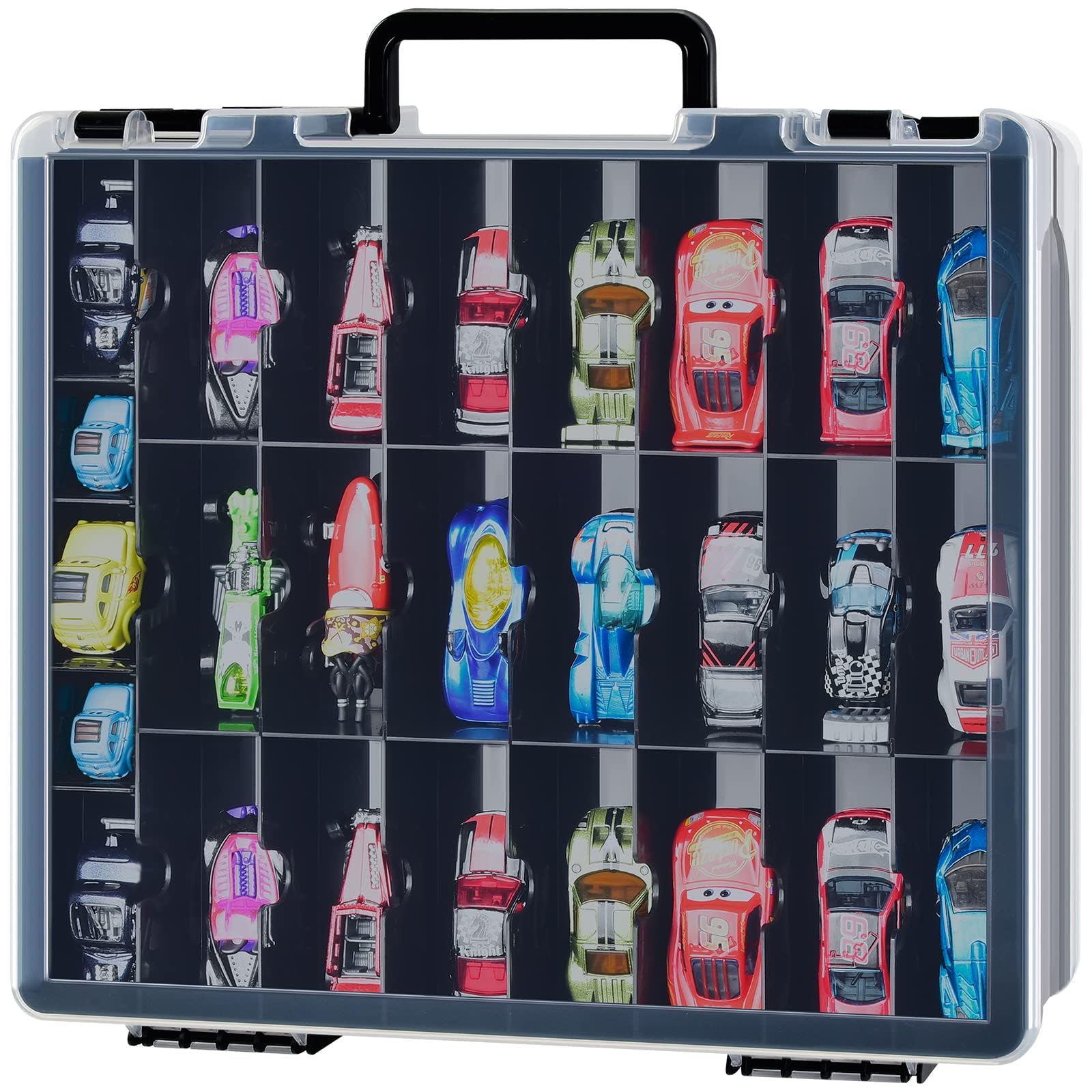 FULLCASE toys organizer with 48 compartments keeps Hot Wheels cars neatly organized.