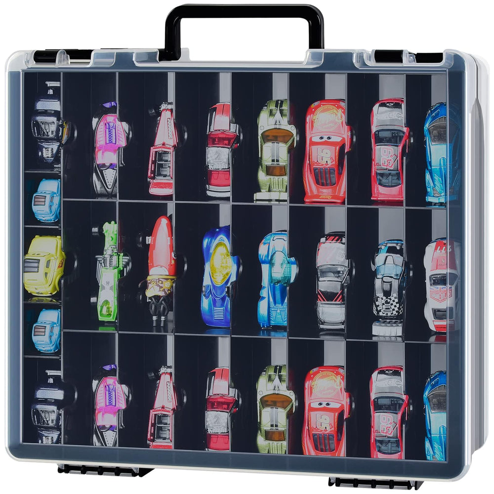 FULLCASE toys organizer with 48 compartments keeps Hot Wheels cars neatly organized.