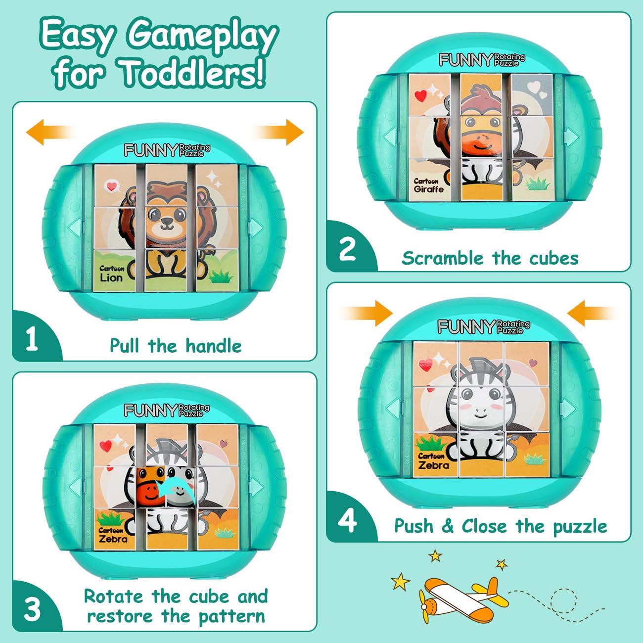 Fullware rotating puzzle cubes rotating to reveal four patterns for learning.