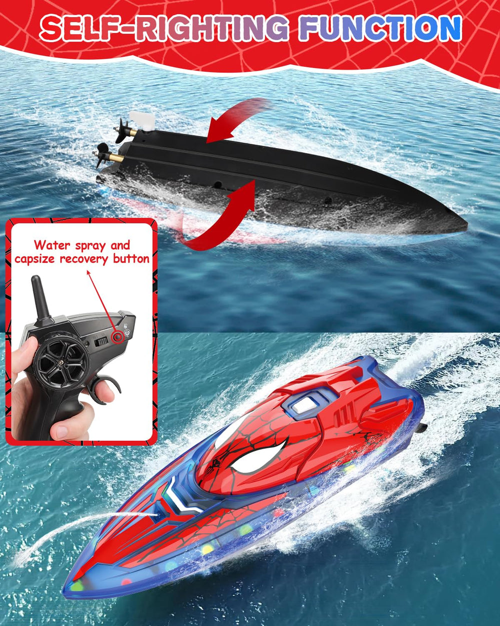 Fullware Spider Hero RC Boat demonstrates 164 ft control range in water.