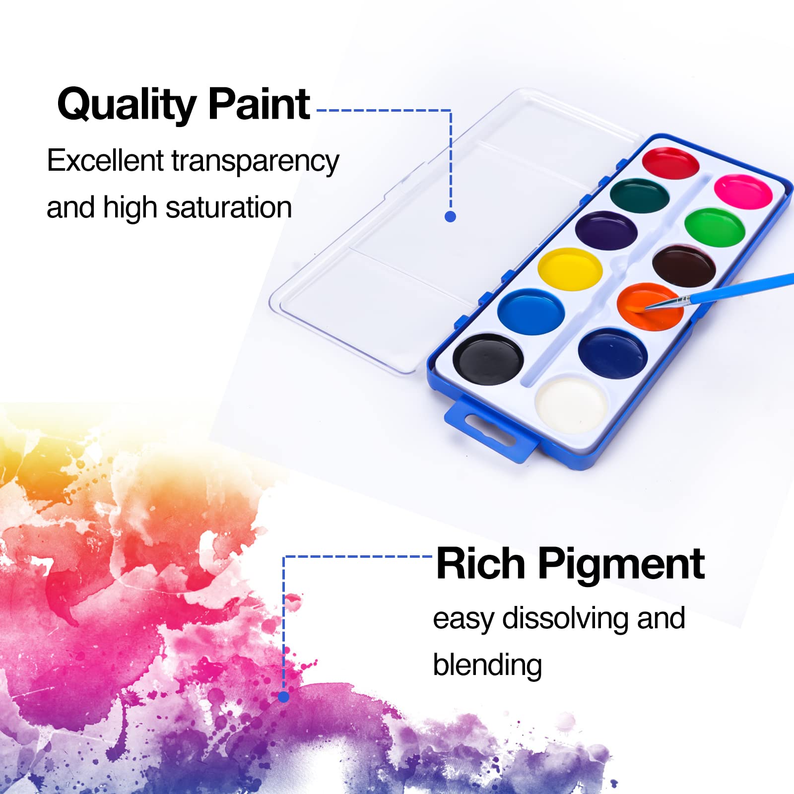 FUMILE 12 vivid colors watercolors blend to form bright, kid-friendly artwork.