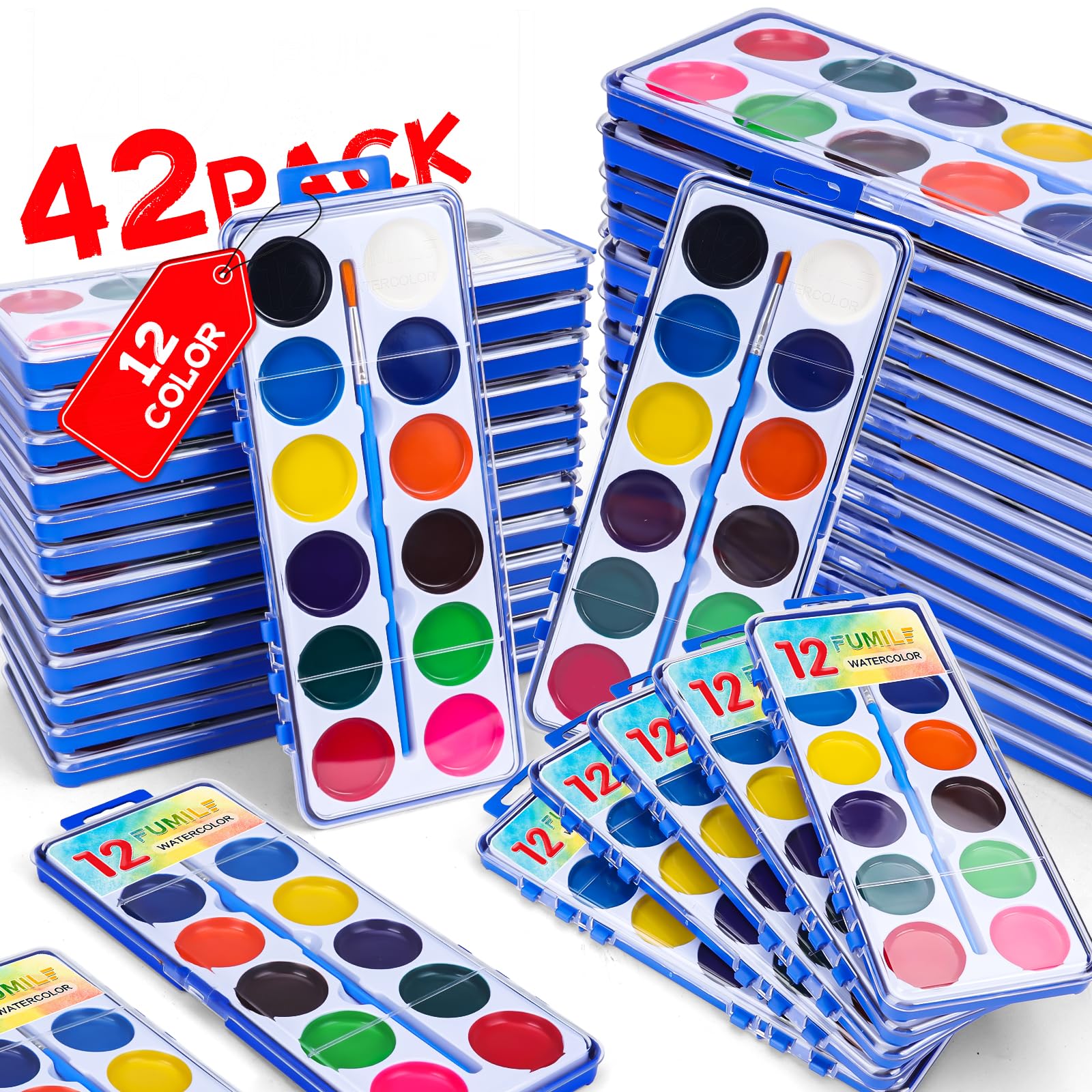 FUMILE 42-pack watercolor set for kids with 12 colors, ideal for classroom projects and party favors.