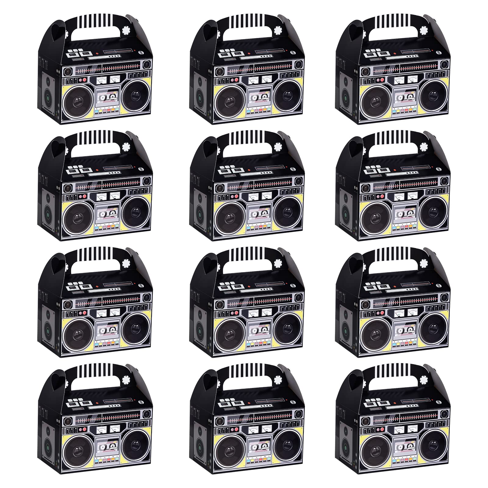 Fumwase 12-pieces boombox favor boxes on party table for candies and gifts