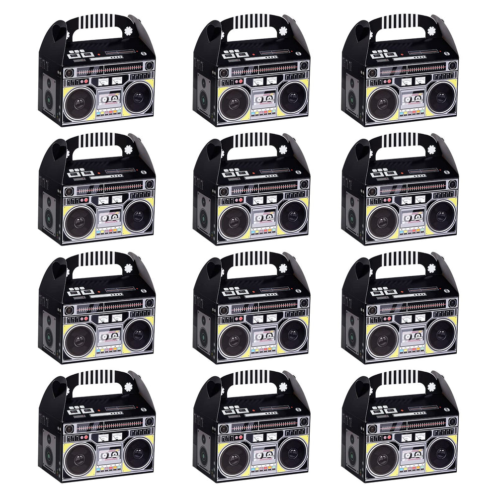 Fumwase 12-pieces boombox favor boxes on party table for candies and gifts