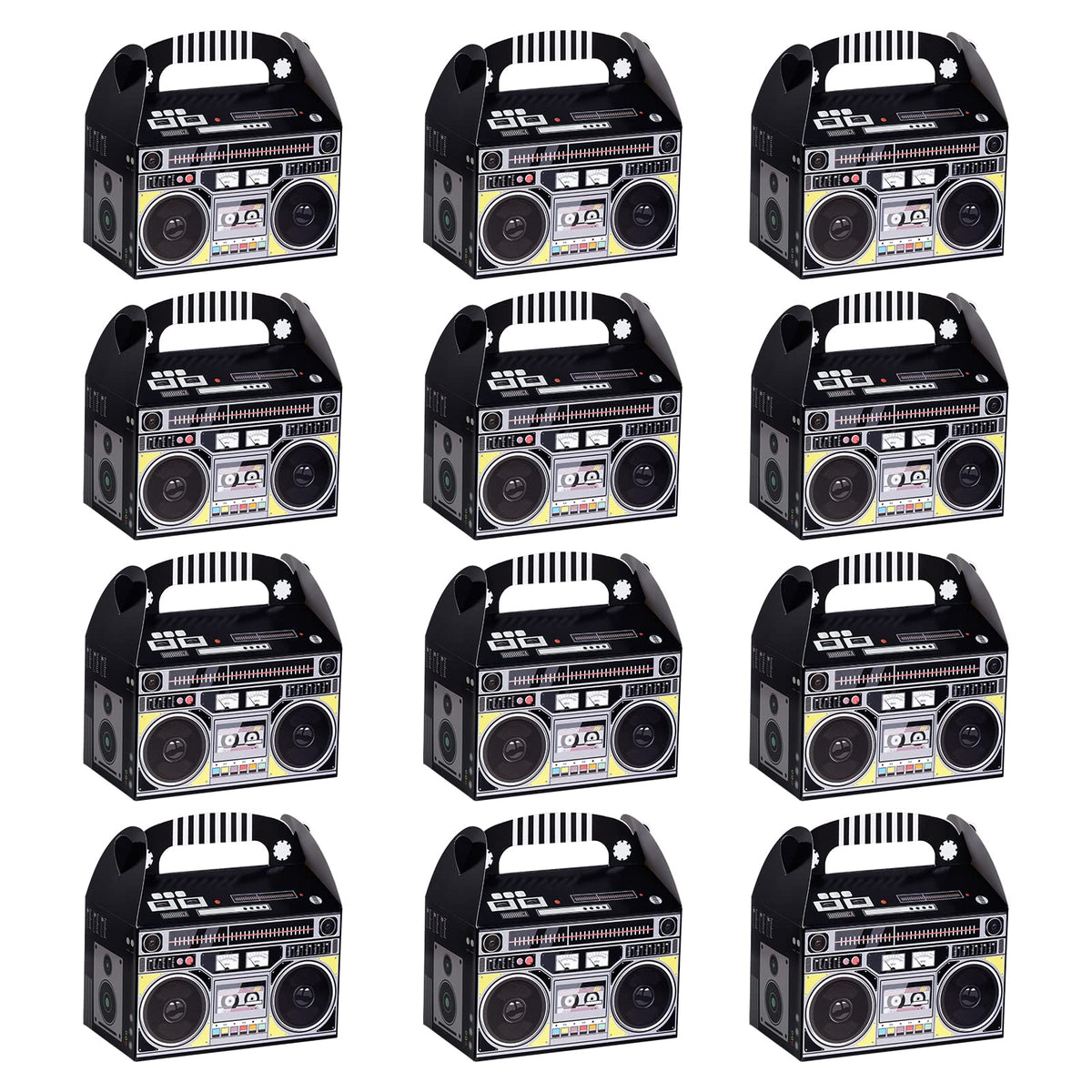 Fumwase 12-pieces boombox favor boxes on party table for candies and gifts