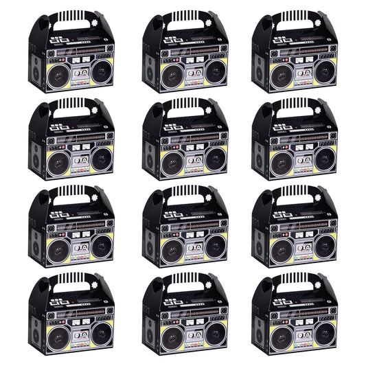 Fumwase 12-pieces boombox favor boxes on party table for candies and gifts