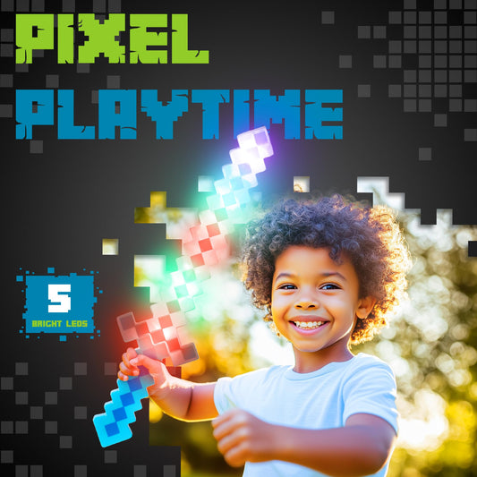 Fun Central blue pixel sword battle-ready glow for nighttime fun.
