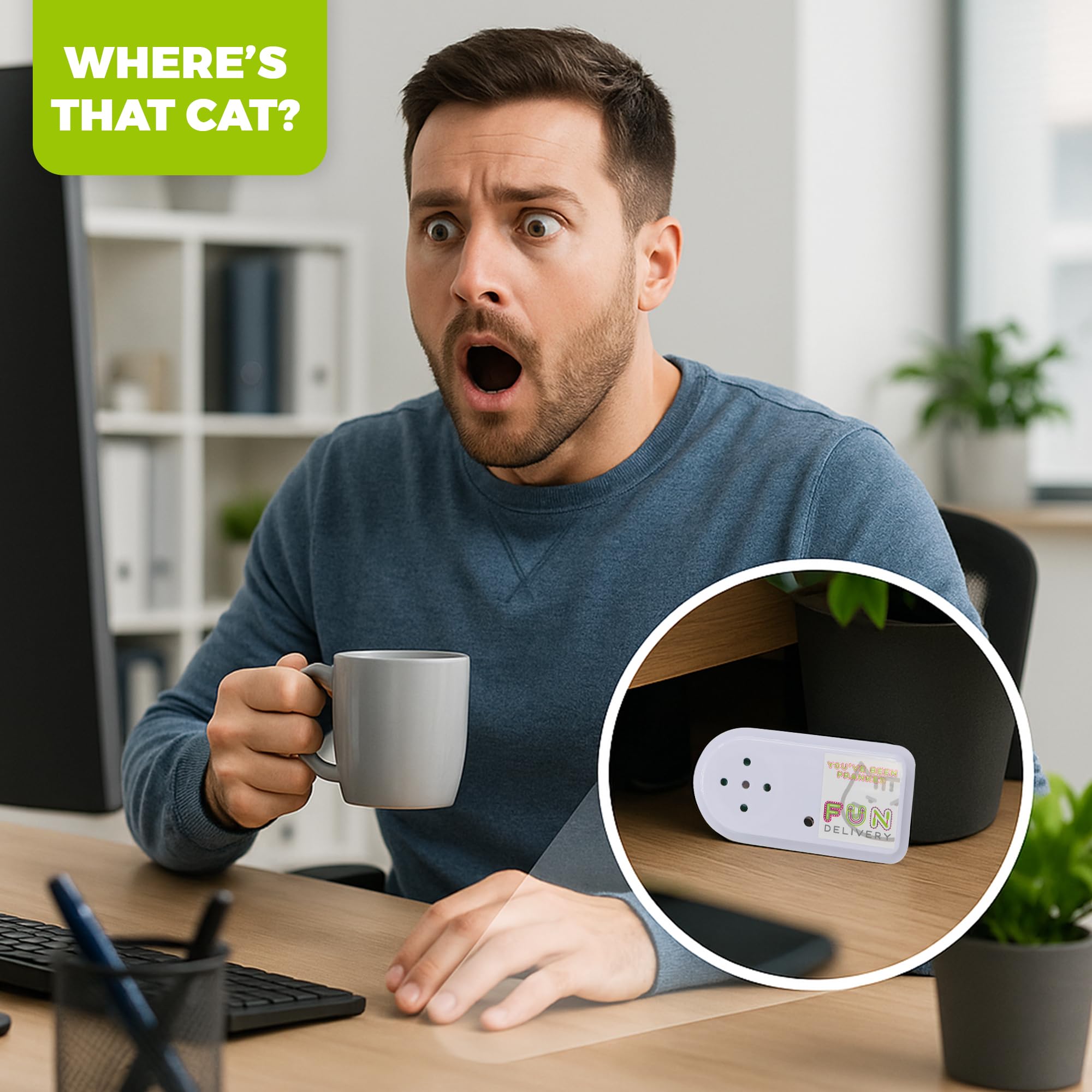 FUN delivery Adhesive-backed prank device installs discreetly on desks or cabinets.