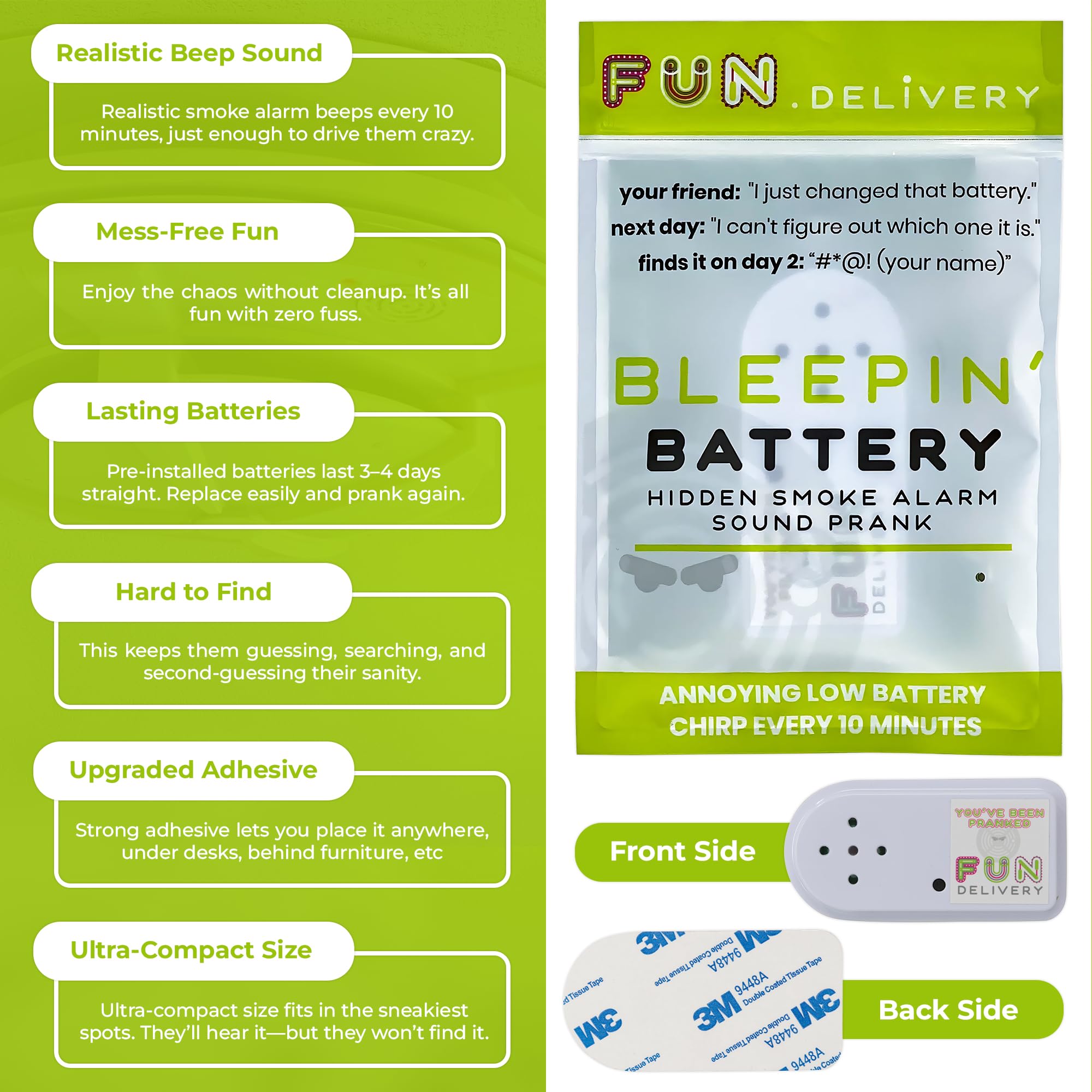 FUN delivery Bleepin' Battery on adhesive back demonstrates quick, discreet prank setup for gatherings.