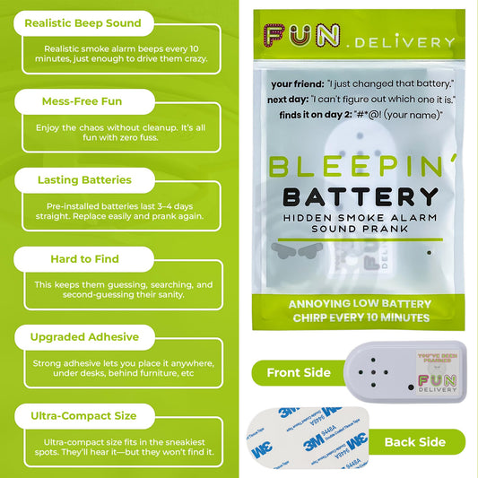 FUN delivery Bleepin' Battery on adhesive back demonstrates quick, discreet prank setup for gatherings.