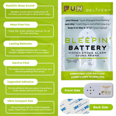 FUN delivery Bleepin' Battery on adhesive back demonstrates quick, discreet prank setup for gatherings.