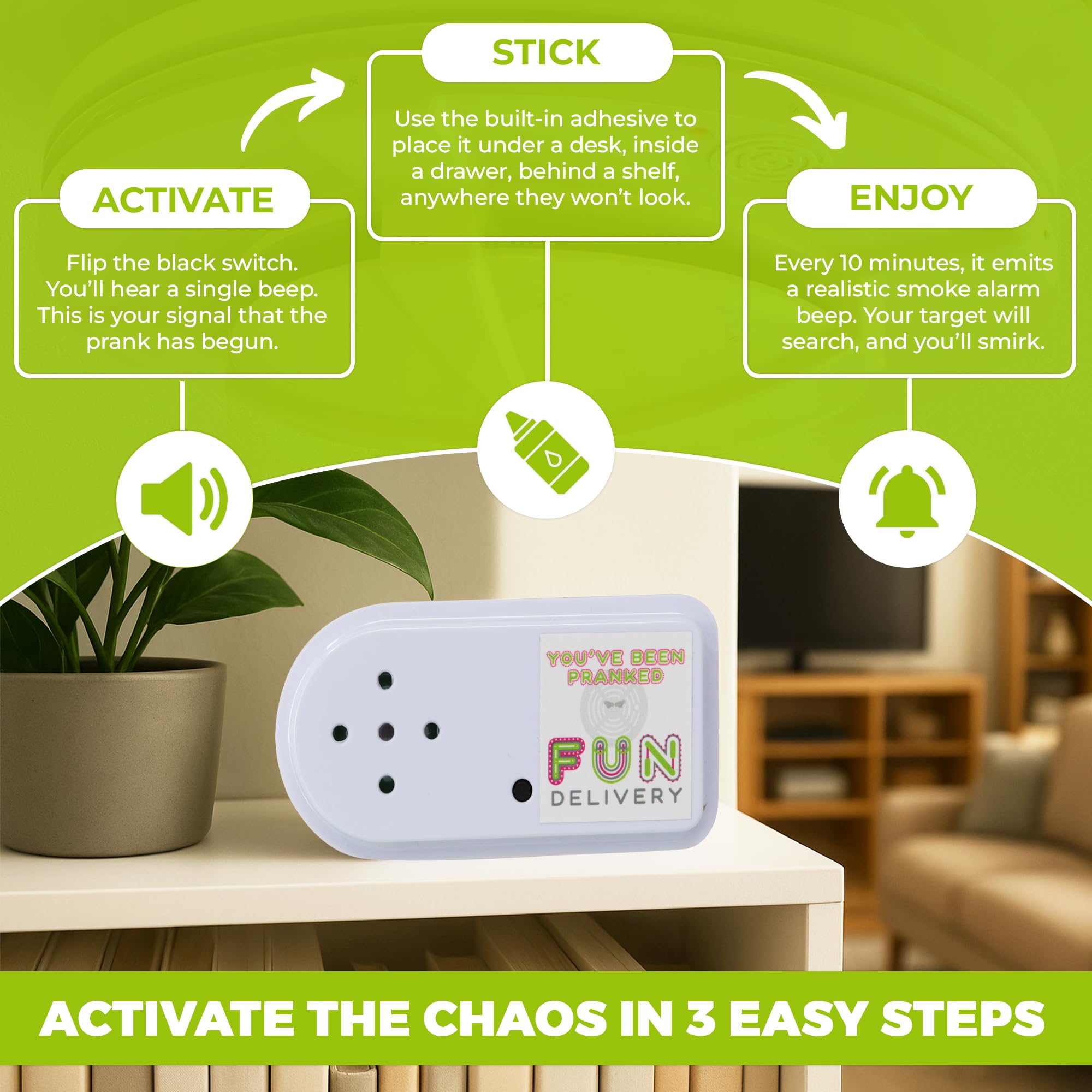FUN delivery Bleepin' Battery emits realistic smoke alarm beeps for immersive pranks.