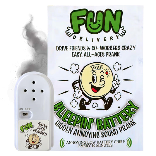 FUN delivery Bleepin' Battery close-up shows the beeping device for cheeky party pranks.