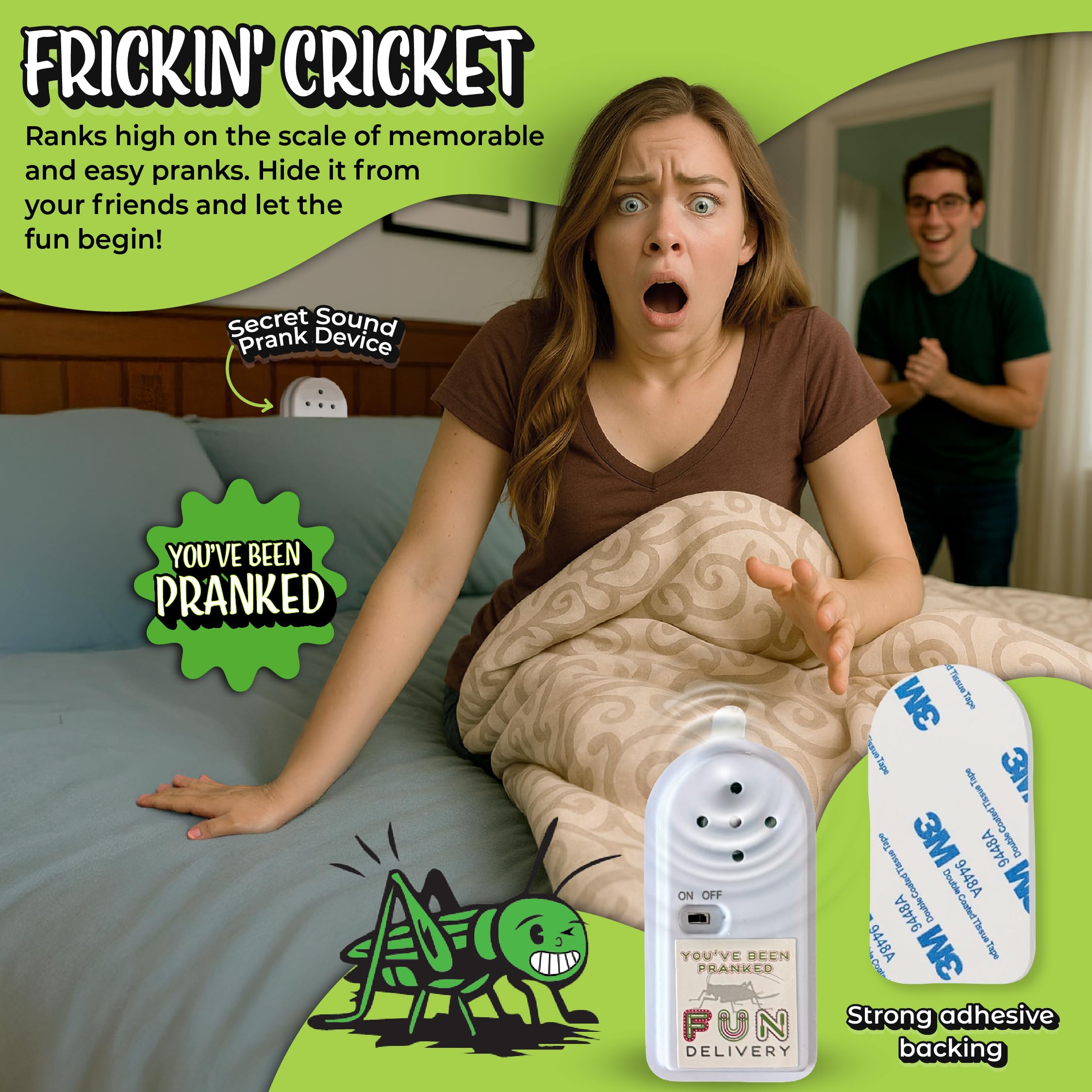 Frickin' Cricket hidden behind furniture demonstrates stealth prank setup by FUN delivery