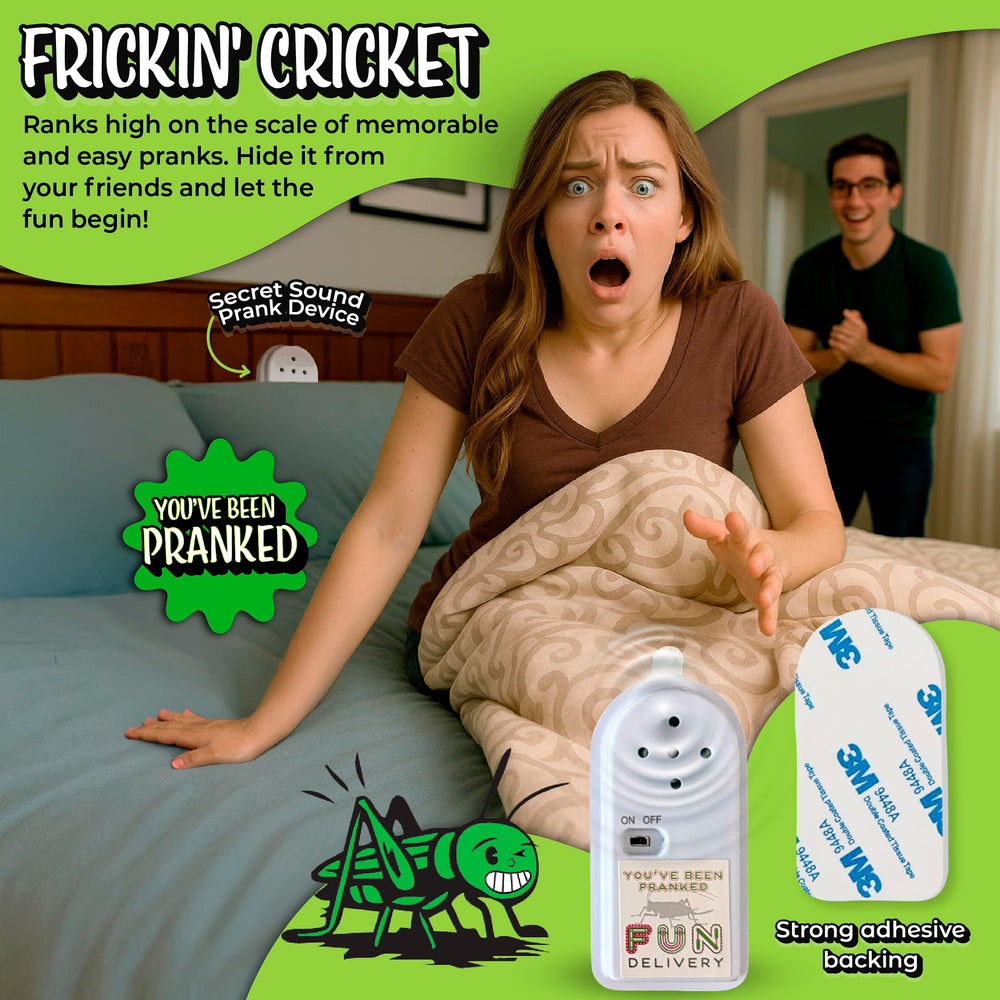 Frickin' Cricket hidden behind furniture demonstrates stealth prank setup by FUN delivery