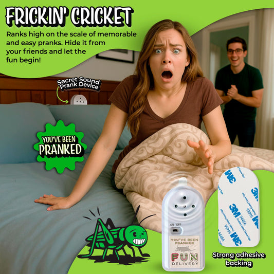 Frickin' Cricket hidden behind furniture demonstrates stealth prank setup by FUN delivery
