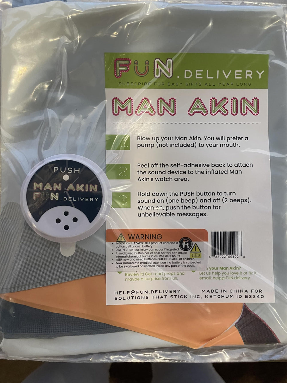 FUN Delivery Man Akin wrist device activates charming lines with one press.