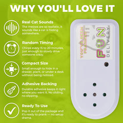 FUN delivery Meow noise maker emits authentic cat sounds for playful confusion at work.