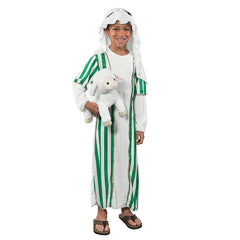 Fun Express boys shepherd costume robe and headpiece ideal for nativity pageants, durable and easy to wear.