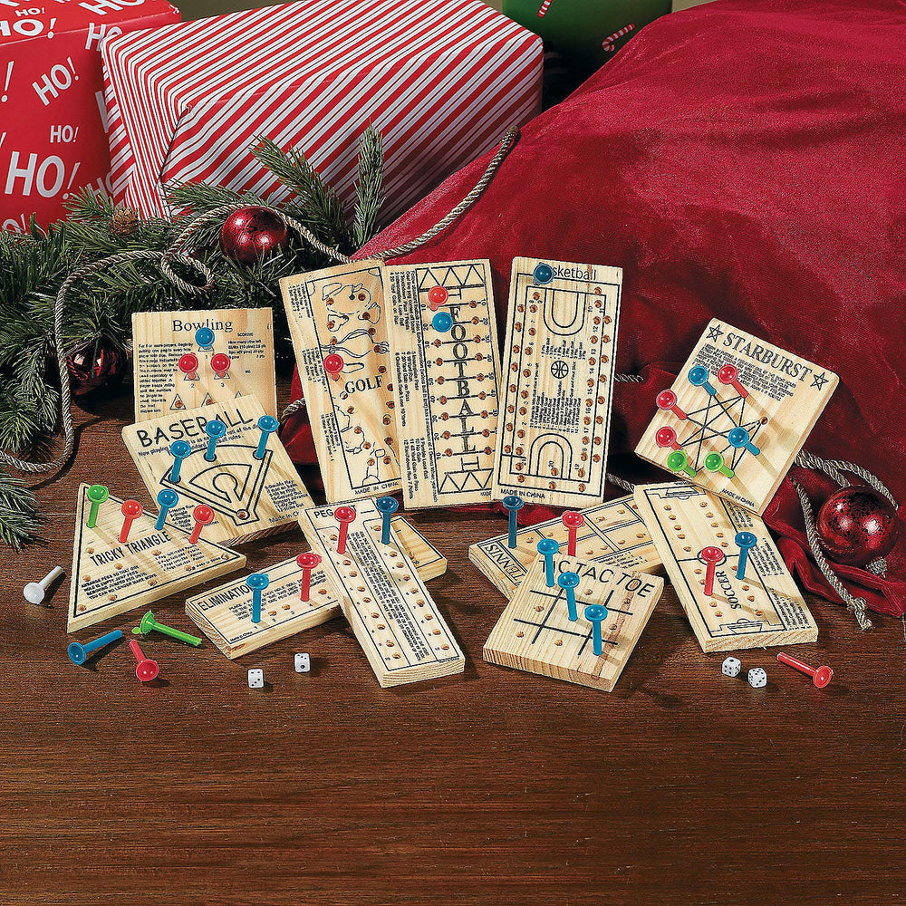 Fun Express mini peg games wooden pieces arranged for travel-friendly play.