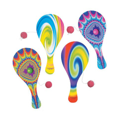 Fun Express paddle ball wooden paddle with psychedelic pattern for retro, screen-free play.