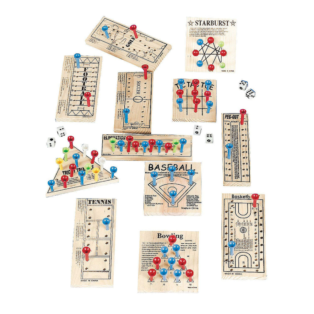 Fun Express wooden board games 12-pack box offers portable family entertainment on the go.