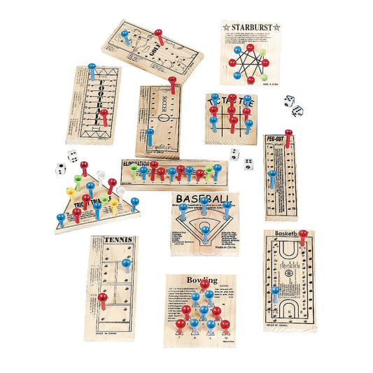 Fun Express wooden board games 12-pack box offers portable family entertainment on the go.