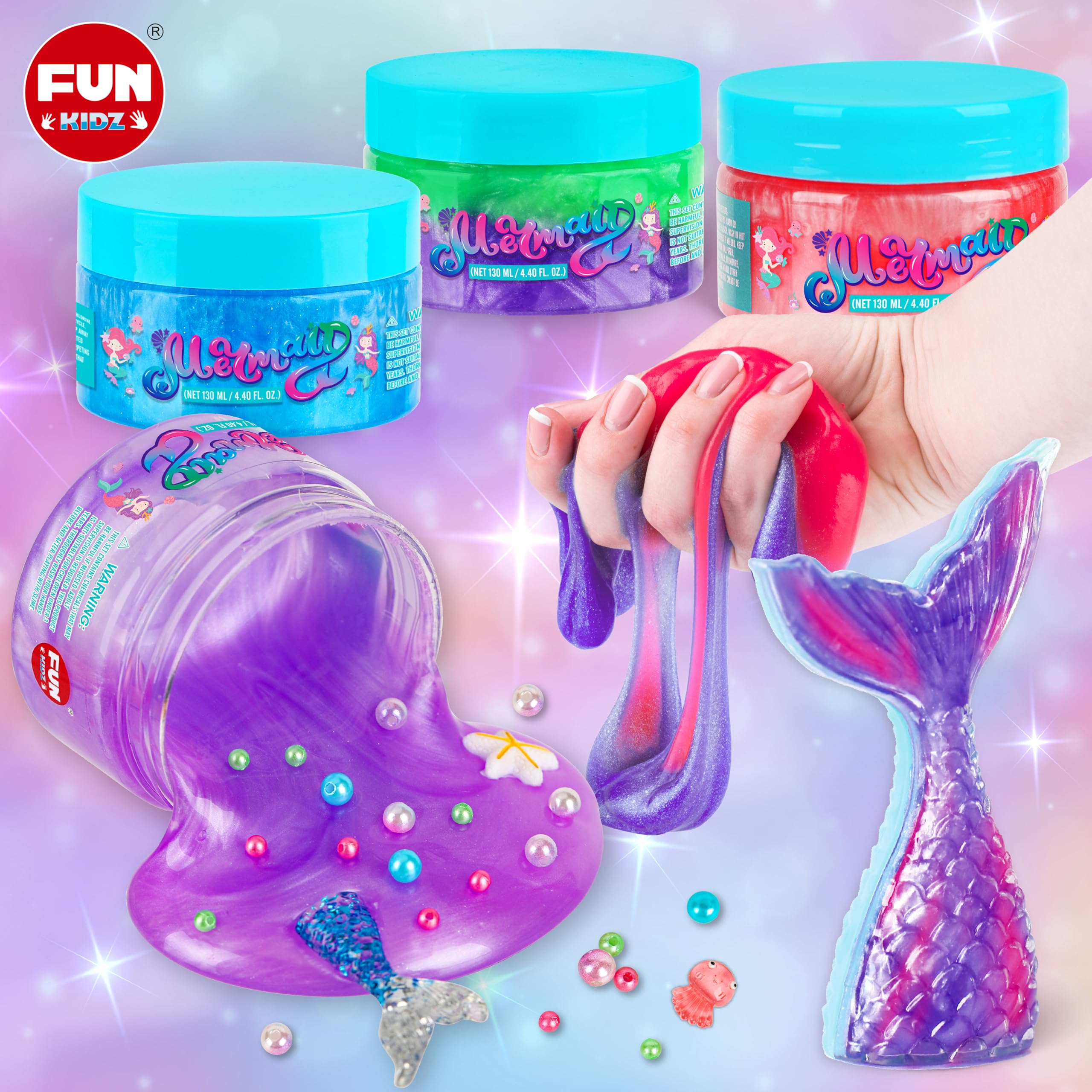 FUN KIDZ 8-pack mermaid slime colors shows vibrant hues for creative mixing.