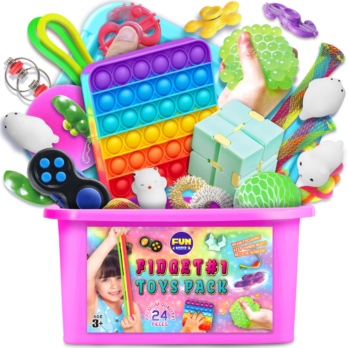 FUN KIDZ fidget box packaging showing portable sensory kit for easy travel