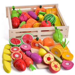 Fun Little Toys wooden play food on tray boosts imaginative cooking play.