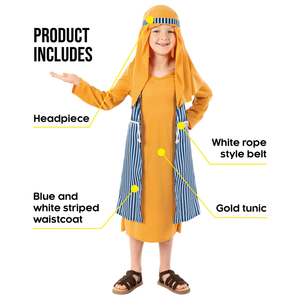 Fun Shack blue and white striped waistcoat adds color contrast for on stage storytelling