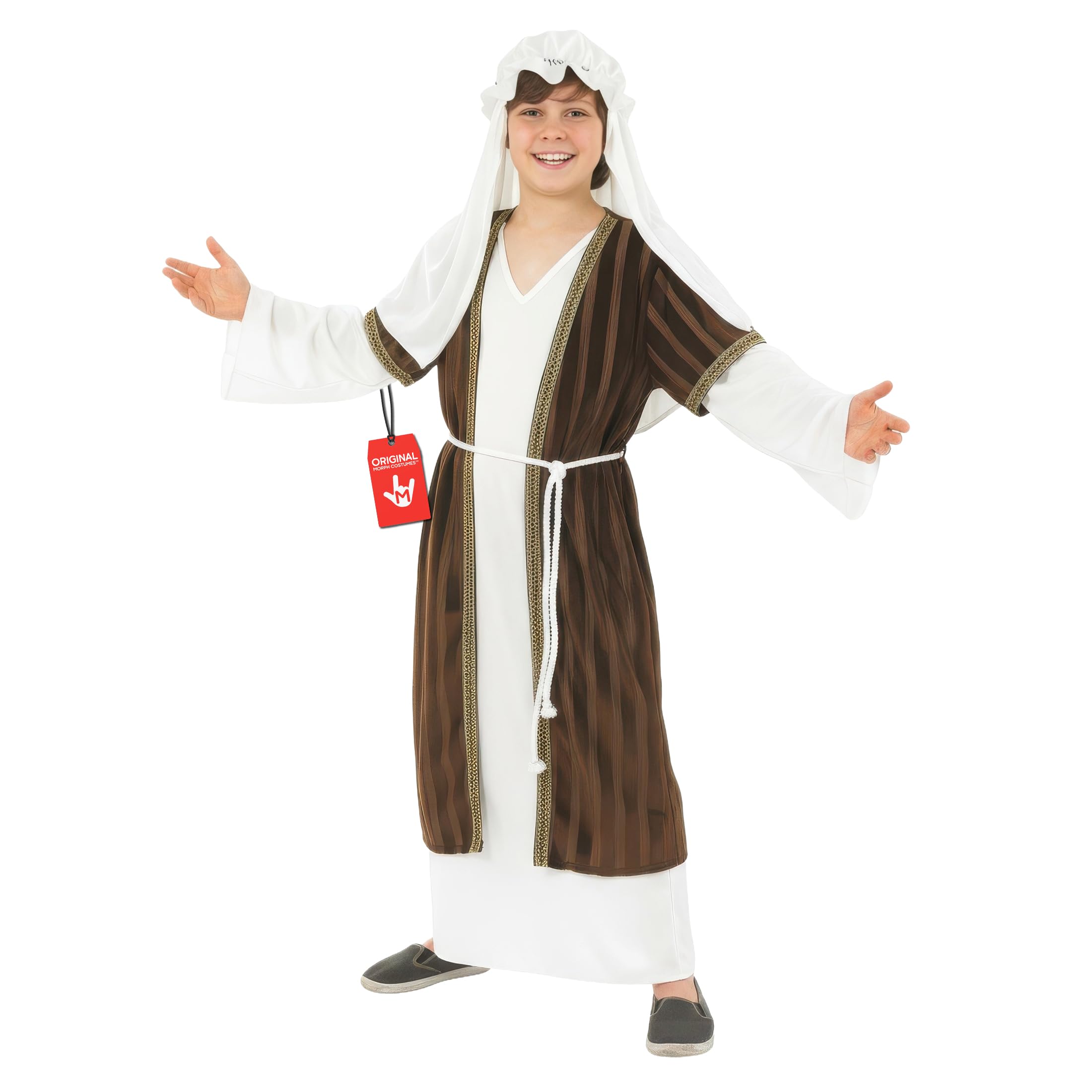 Fun Shack Brown Shepherd Costume for Kids front view shows durable, easy-to-wear nativity look.