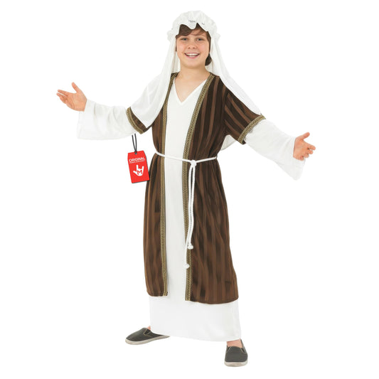 Fun Shack Brown Shepherd Costume for Kids front view shows durable, easy-to-wear nativity look.