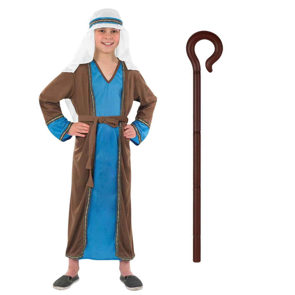 Fun Shack St Joseph costume: blue tunic with brown jacket, ideal for nativity plays