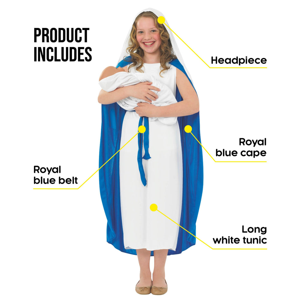 Fun Shack Virgin Mary costume: royal blue cape adds authentic, festive detail.