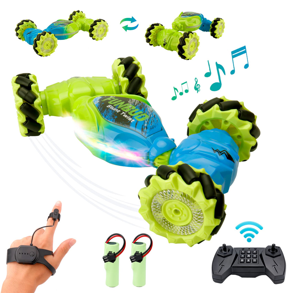 Funbud gesture sensing RC stunt car front view with LED lights for exciting play