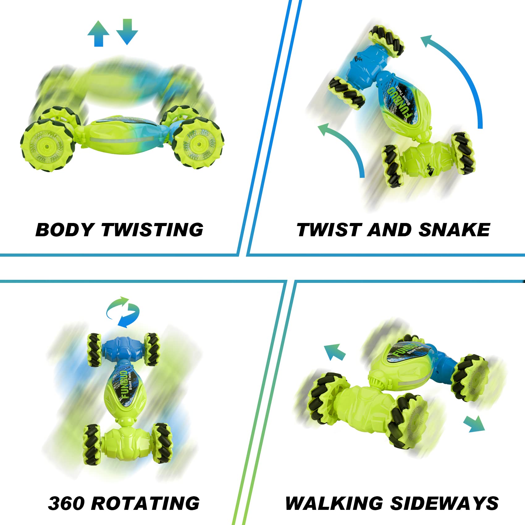 Funbud RC stunt car top view showcasing gradient body
