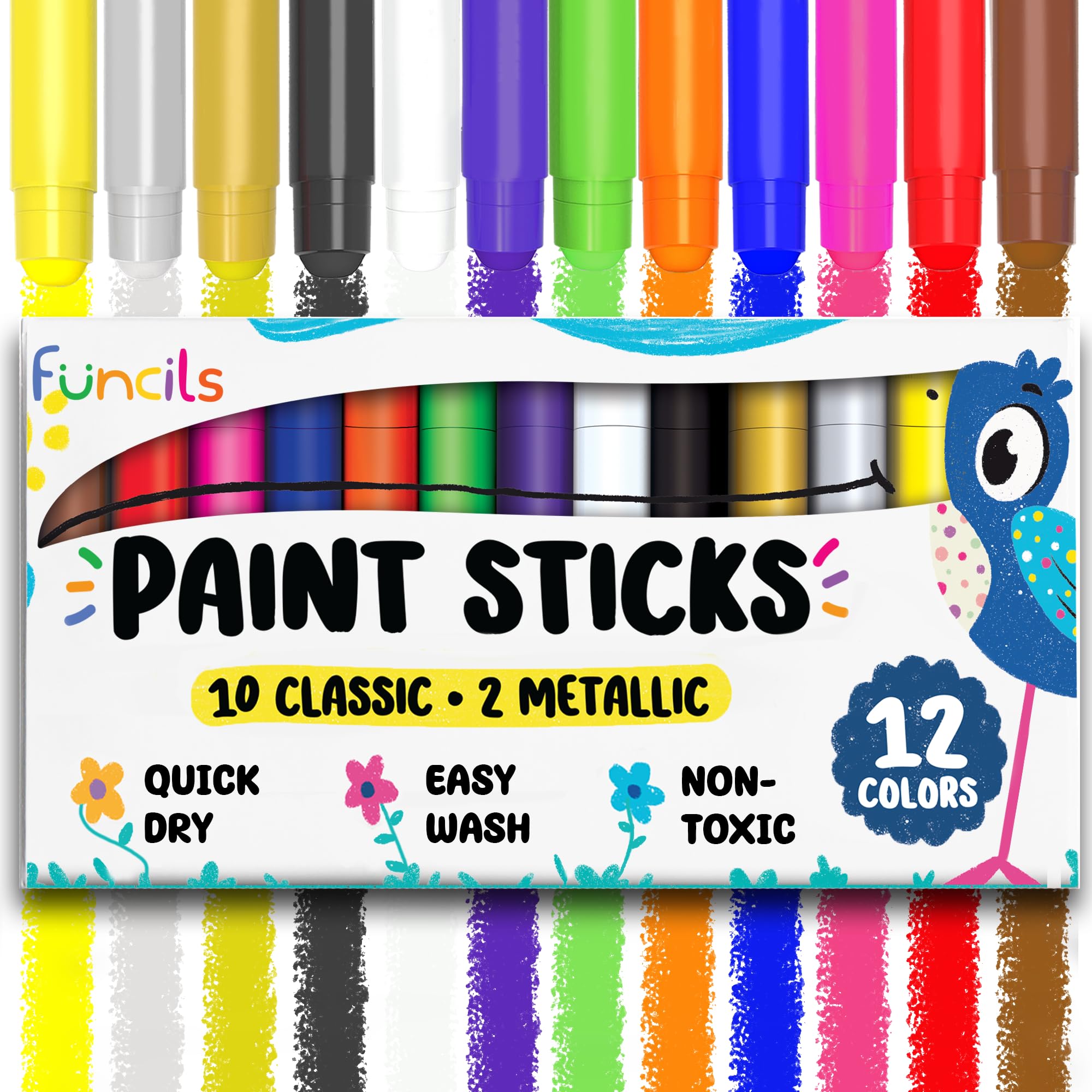 Funcils 12 Tempera Paint Sticks color palette for kids with rich, opaque coverage